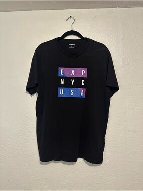 Express Black Short Sleeve Graphic Tee with Purple & Blue Accents Size Large